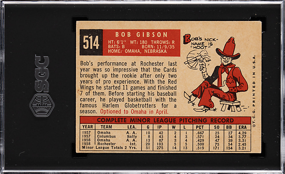 1959 Topps #514 Bob Gibson Rookie SGC GOOD+ 2.5