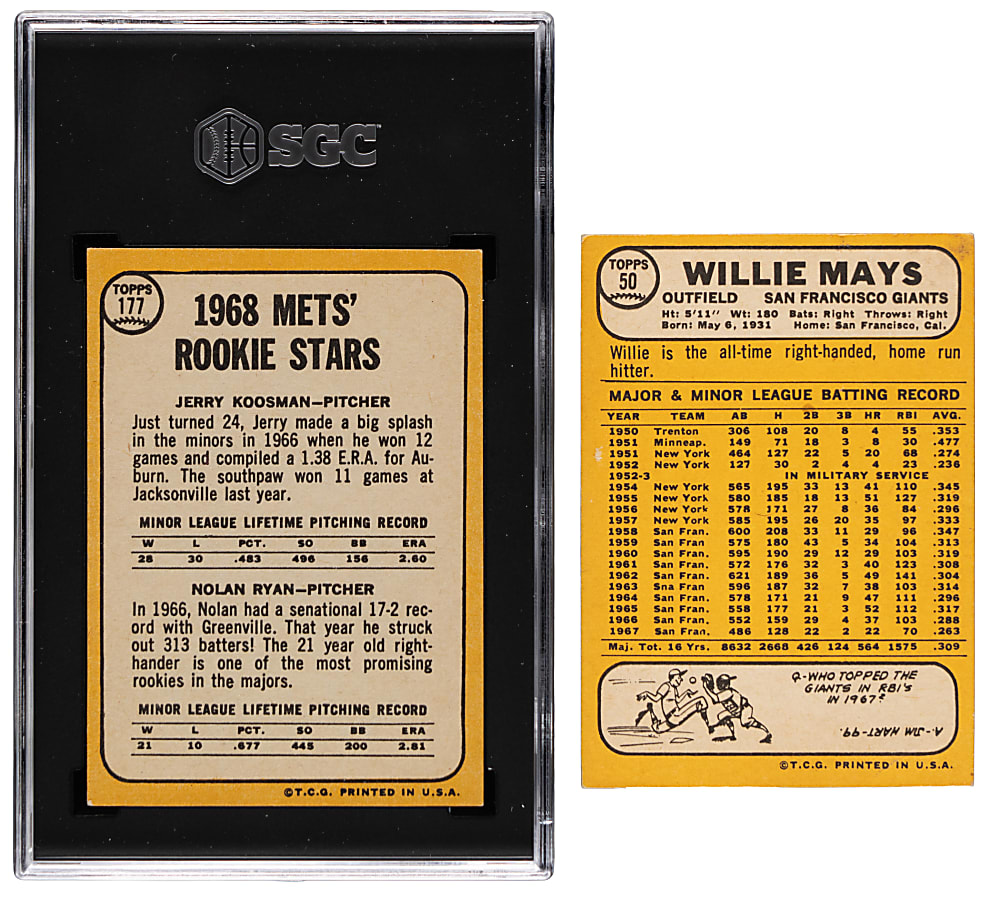 1968 Topps #50 Willie Mays & #177 Nolan Ryan Rookie SGC EX 5 Pair