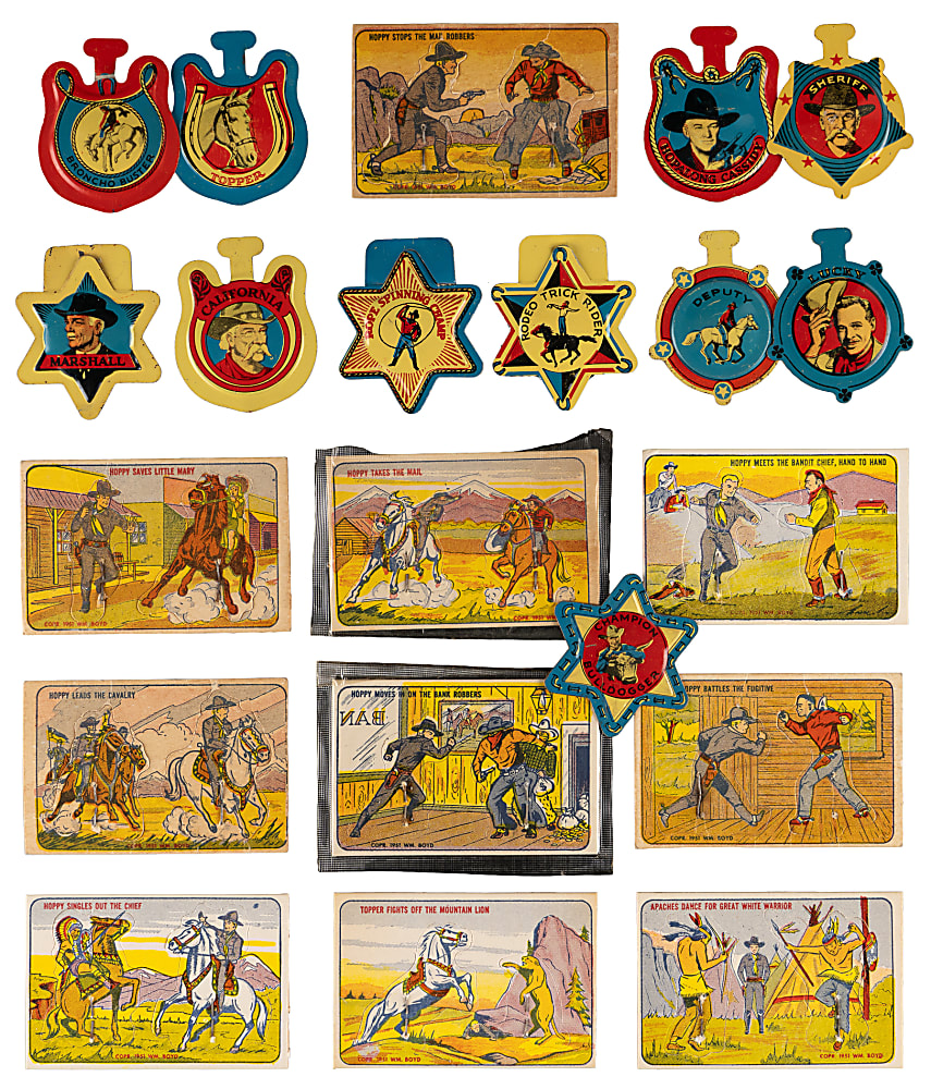 1950 Burry’s Cookies Hopalong Cassidy Collection (30) with Cards, Unopened Cellos, Badges & Panels