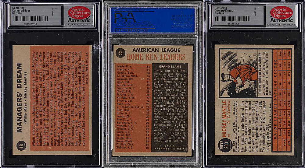 1962 Topps Mickey Mantle Graded Trio with #200 Base Card, #18 Manager's Dream & #53 Home Run Leaders