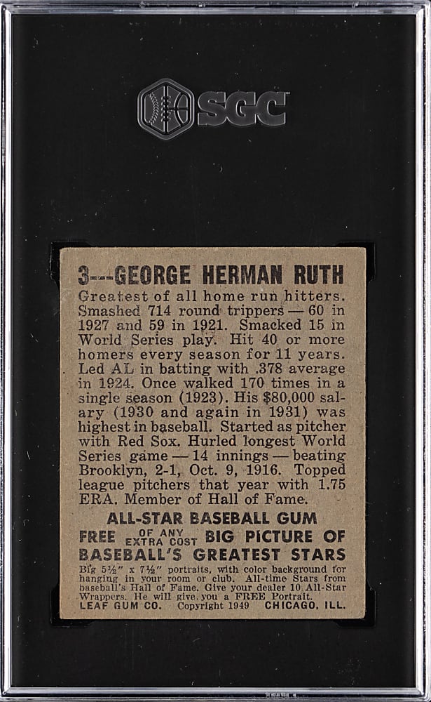 1948-1949 Leaf Gum Co. #3 Babe Ruth SGC Authentic