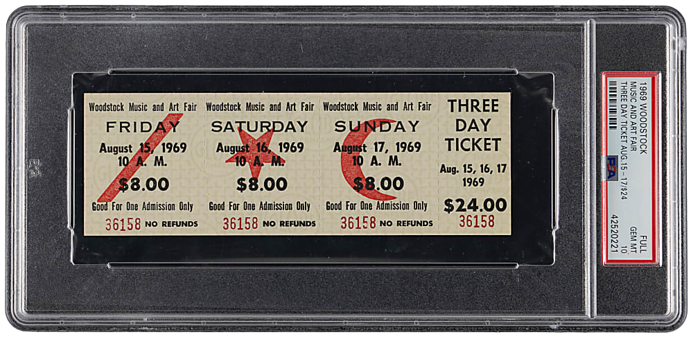1969 Woodstock Music & Art Fair Three Day Full Ticket PSA GEM MINT 10