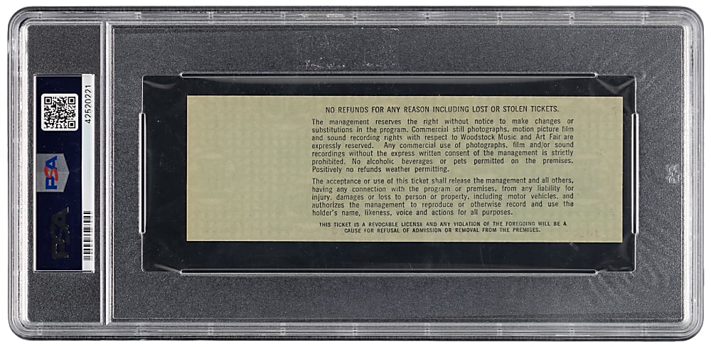 1969 Woodstock Music & Art Fair Three Day Full Ticket PSA GEM MINT 10