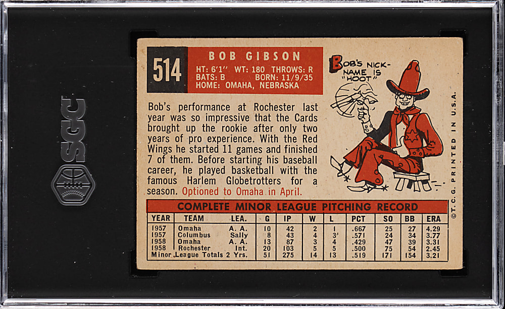 1959 Topps #514 Bob Gibson Rookie High Number SGC VG 3