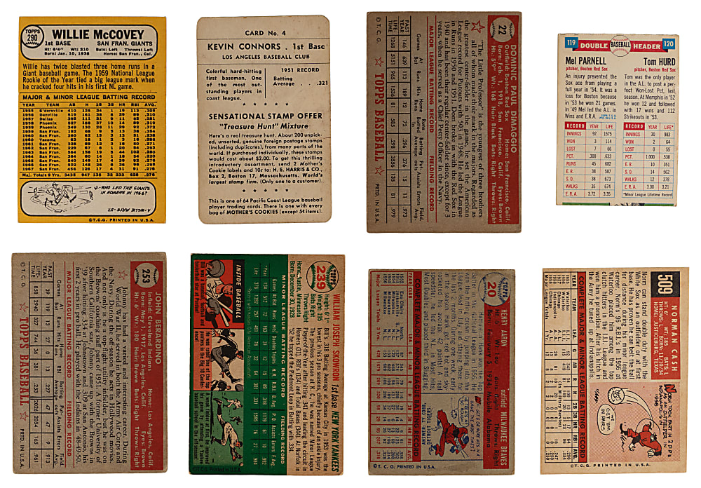 1950-1968 Baseball Collection (8) with Tough 1952 Mother's Cookies #4 Chuck Connors & 1957 Topps #20 Hank Aaron