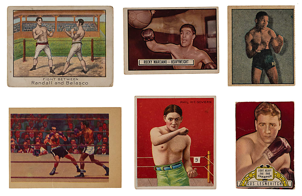 1910-1956 Boxing Collection (6) with 1951 Topps Ringside #43 Rocky Marciano & 1951 Berk Ross #2-13 Sugar Ray Robinson