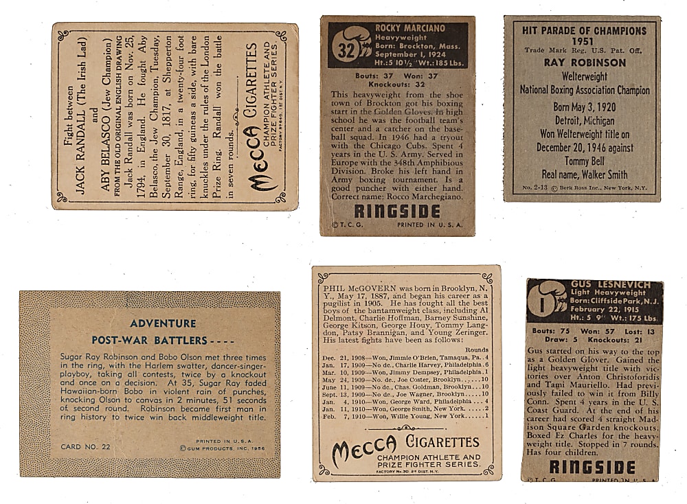 1910-1956 Boxing Collection (6) with 1951 Topps Ringside #43 Rocky Marciano & 1951 Berk Ross #2-13 Sugar Ray Robinson