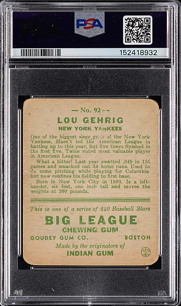1933 Goudey #92 Lou Gehrig PSA POOR 1