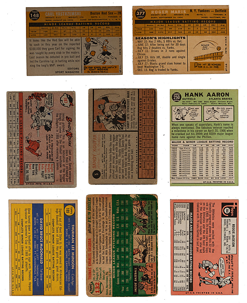 1954-1970 Topps Hall of Fame & Star Collection (8) with (2) Sandy Koufax, Hank Aaron & Several Rookies