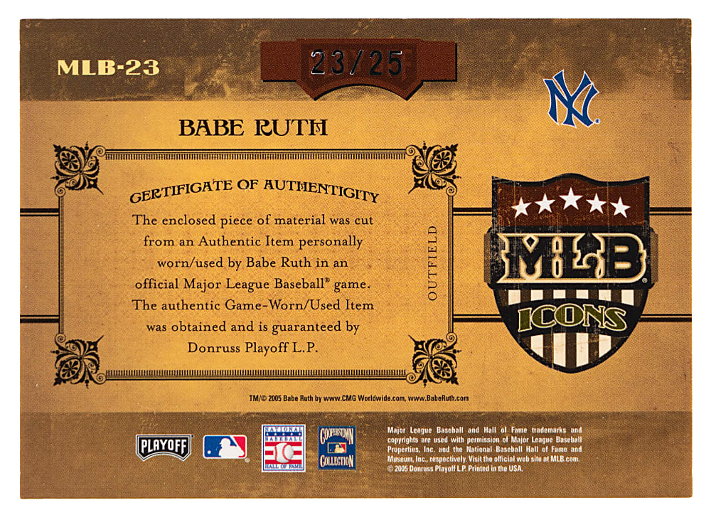 2005 Playoff Prime Cuts MLB Icons #23 Babe Ruth Game-Worn Jersey #23/25