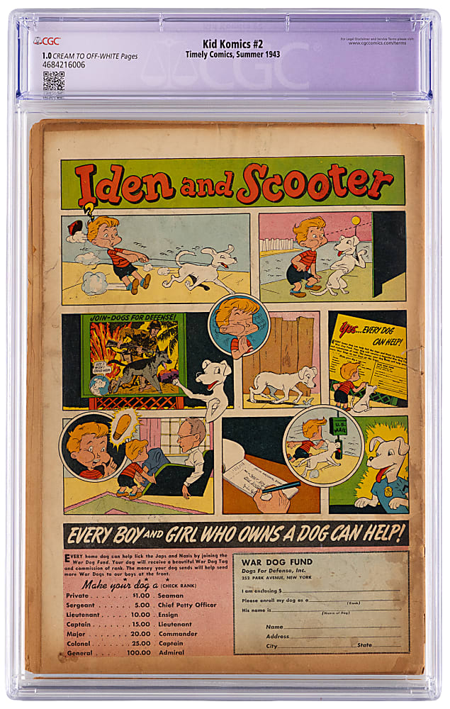 1943 Timely Comics Kid Komics #2 - CGC 1.0 Restored