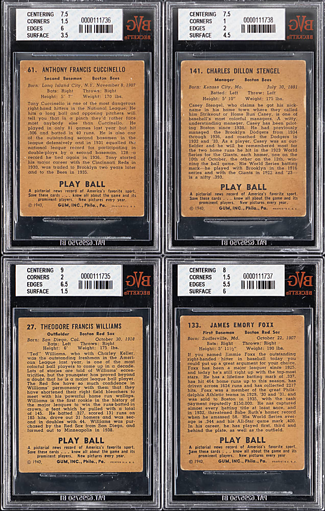 1940 Play Ball Hall of Fame & Star BVG FAIR 1.5 to GOOD-VG 2.5 Graded Group (4) with Jimmie Foxx & Ted Williams