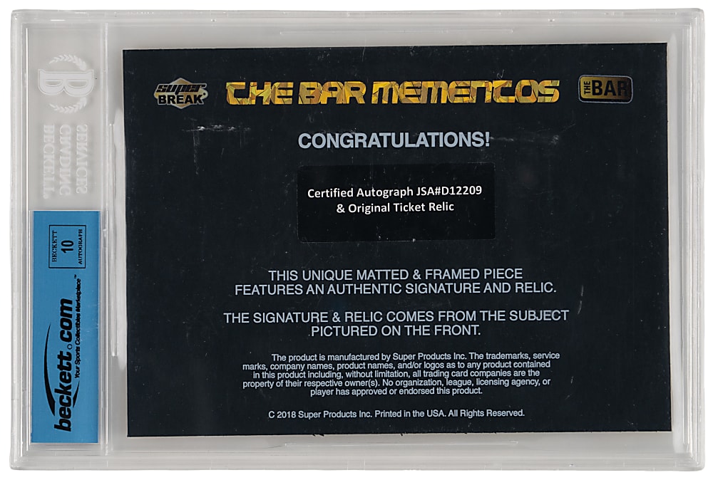 2018 The Bar Joe Frazier The Bar Mementos Autograph/Relic/Art Combination Card - BGS/JSA Authentic