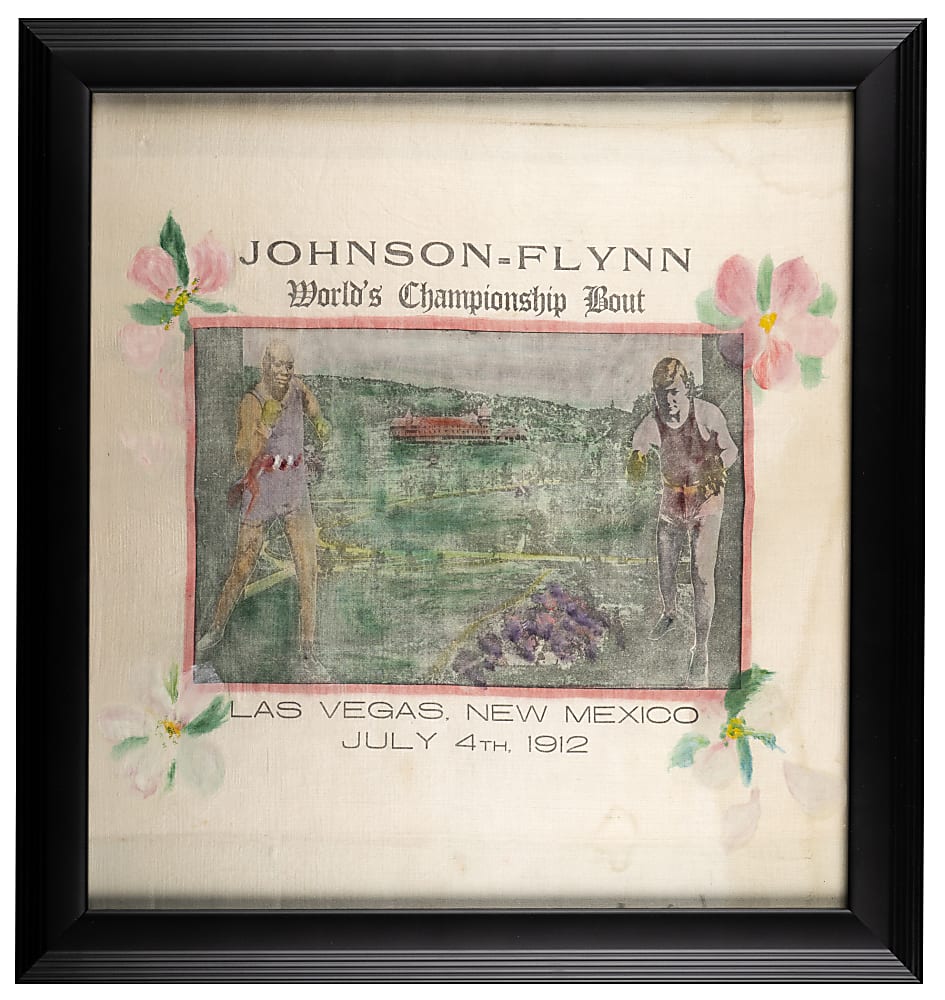 July 4th, 1912 Jack Johnson Versus "Fireman Jim" Flynn World's Championship Bout Silk in Framed Display