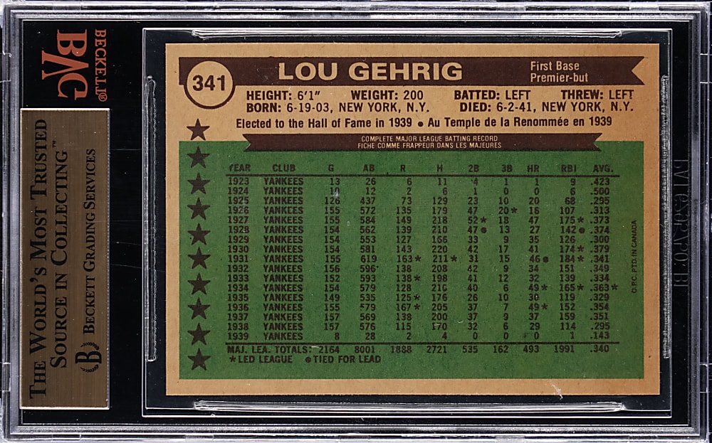 1976 O-Pee-Chee #341 Lou Gehrig All-Time All-Stars BVG GEM MINT 9.5