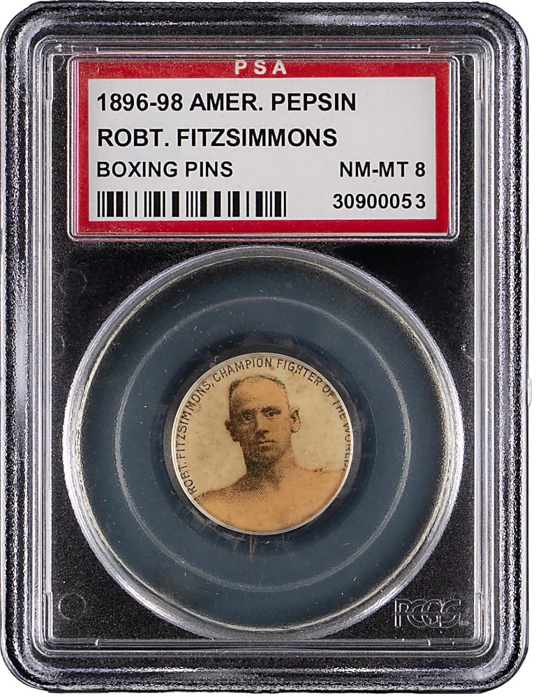 1896-1898 American Pepsin Gum/Whitehead & Hoag Boxing Pin Robert Fitzsimmons Champion Fighter of the World PSA NM-MT 8 - Highest Graded!