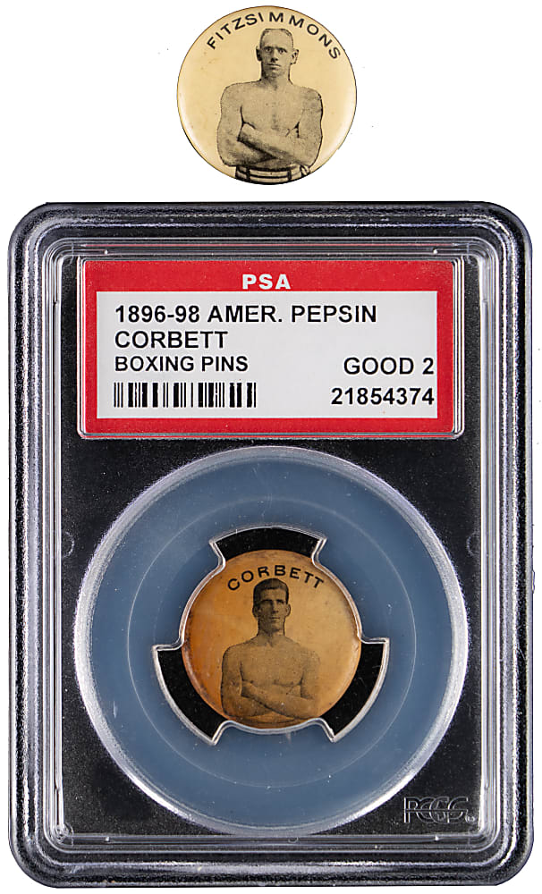 1896-1898 American Pepsin Gum/Whitehead & Hoag Boxing Pin Pair with James Corbett PSA GOOD 2 & Robert Fitzsimmons