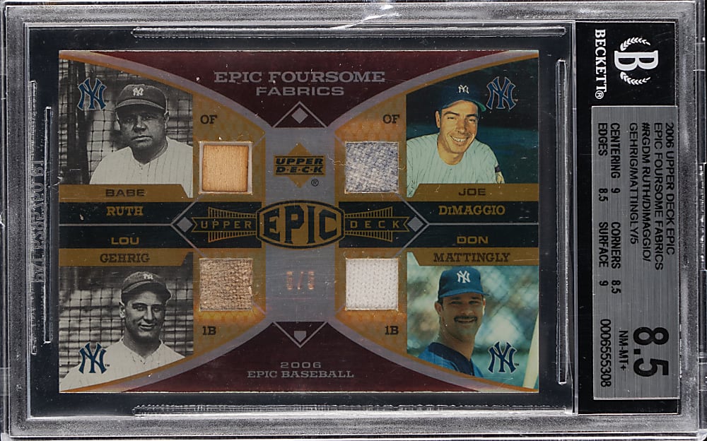 2006 Upper Deck Epic Foursome Fabrics with Babe Ruth, DiMaggio, Lou Gehrig, Mattingly #5/5 BGS NM-MT+ 8.5