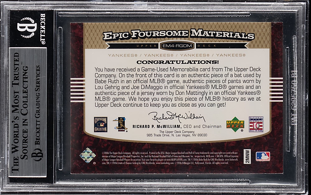 2006 Upper Deck Epic Foursome Fabrics with Babe Ruth, DiMaggio, Lou Gehrig, Mattingly #5/5 BGS NM-MT+ 8.5