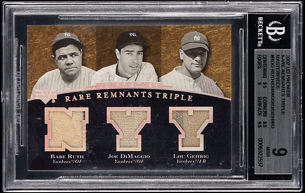 2007 Upper Deck Premier Rare Remnants Triple Masterpiece with Babe Ruth, Joe DiMaggio, Lou Gehrig #1/1 BGS MINT 9