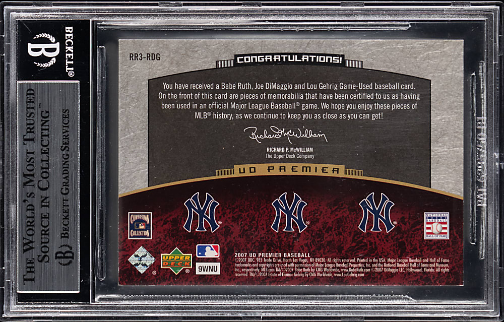 2007 Upper Deck Premier Rare Remnants Triple Masterpiece with Babe Ruth, Joe DiMaggio, Lou Gehrig #1/1 BGS MINT 9