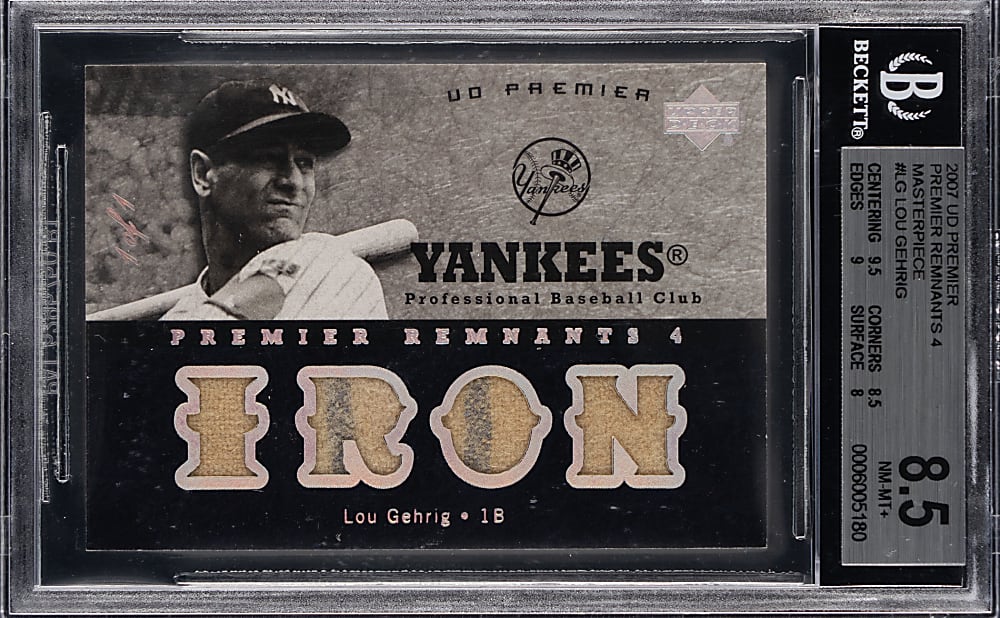 2007 Upper Deck Premier Remnants 4 Lou Gehrig Quad Relic #1/1 with Two Pinstripes BGS NM-MT+ 8.5