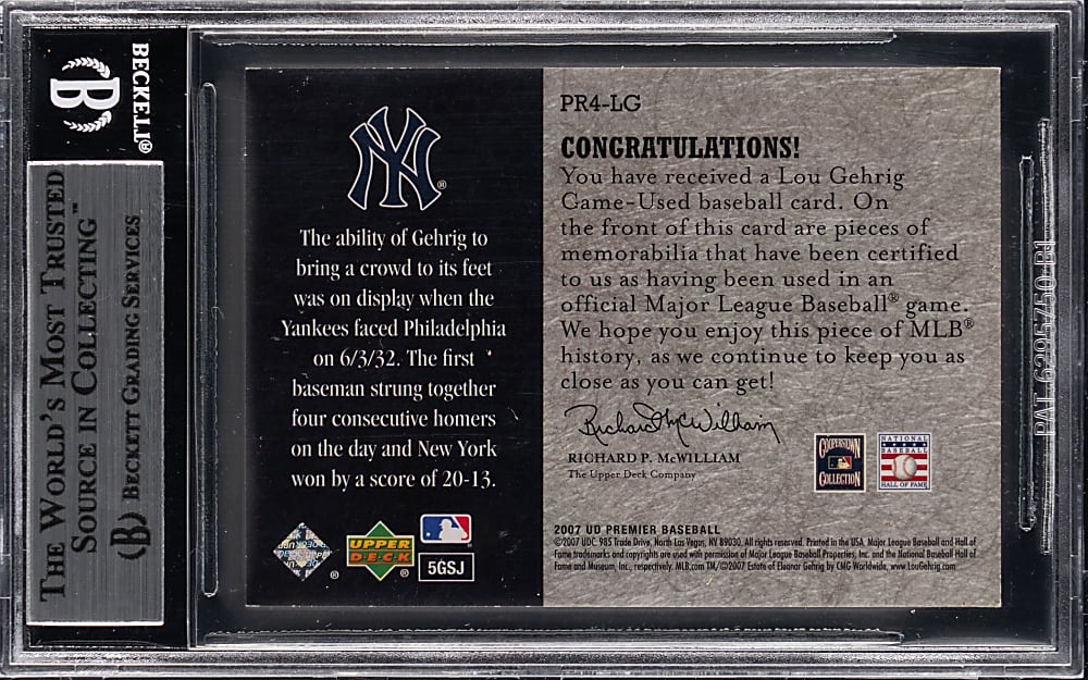 2007 Upper Deck Premier Remnants 4 Lou Gehrig Quad Relic #1/1 with Two Pinstripes BGS NM-MT+ 8.5