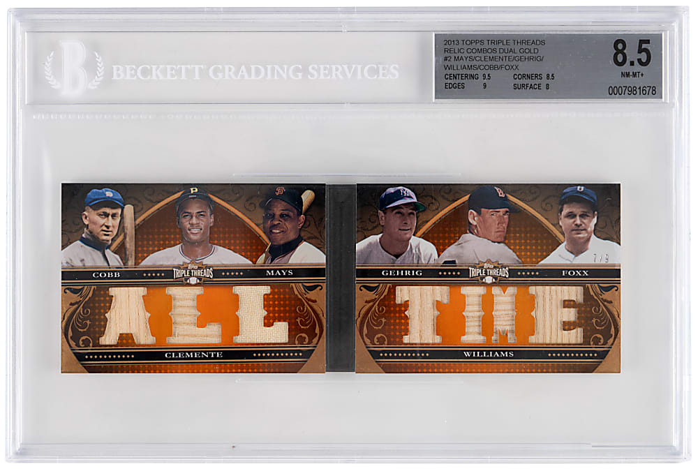 2013 Topps Triple Threads Relics Combos Dual Gold #2 Booklet with Cobb, Clemente, Mays, Gehrig, T. Williams & Foxx #7/9 BGS NM-MT+ 8.5