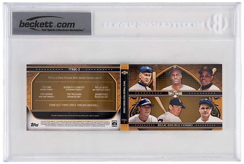 2013 Topps Triple Threads Relics Combos Dual Gold #2 Booklet with Cobb, Clemente, Mays, Gehrig, T. Williams & Foxx #7/9 BGS NM-MT+ 8.5