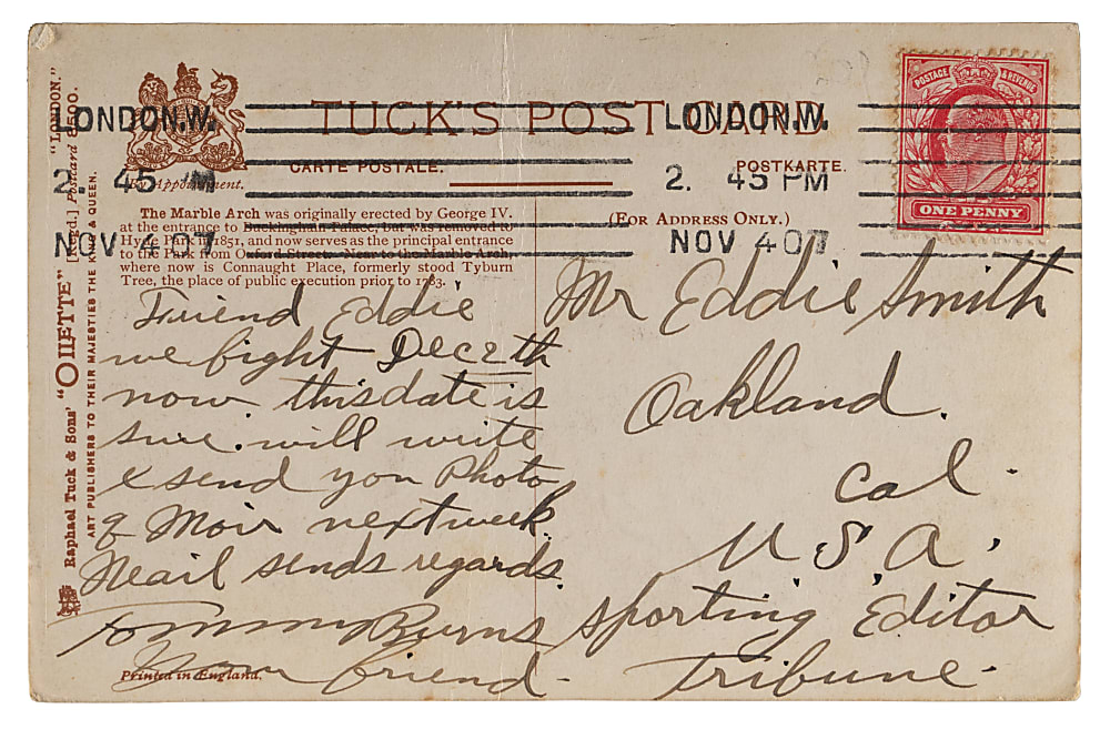1907 Tommy Burns Signed Handwritten Postcard - Full JSA LOA