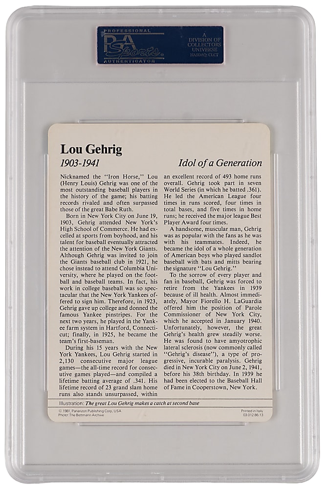 1979-1981 Panarizon #86-13 Lou Gehrig PSA GEM MINT 10 - Population 1