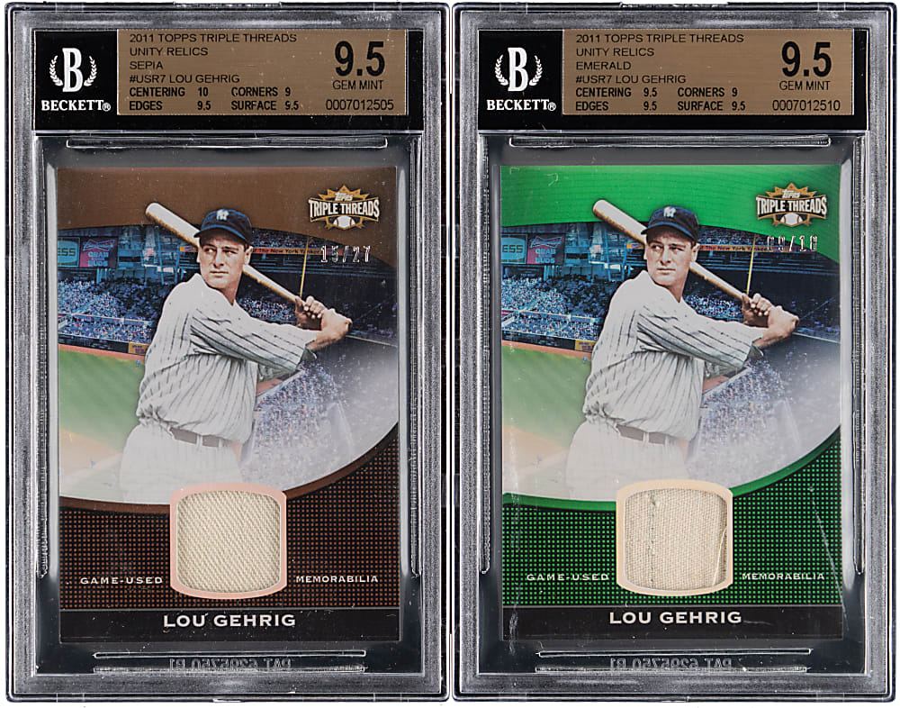 2011 Topps Triple Threads Unity Relics Lou Gehrig BGS GEM MINT 9.5 Graded Pair with Sepia #/27 & Emerald #/18