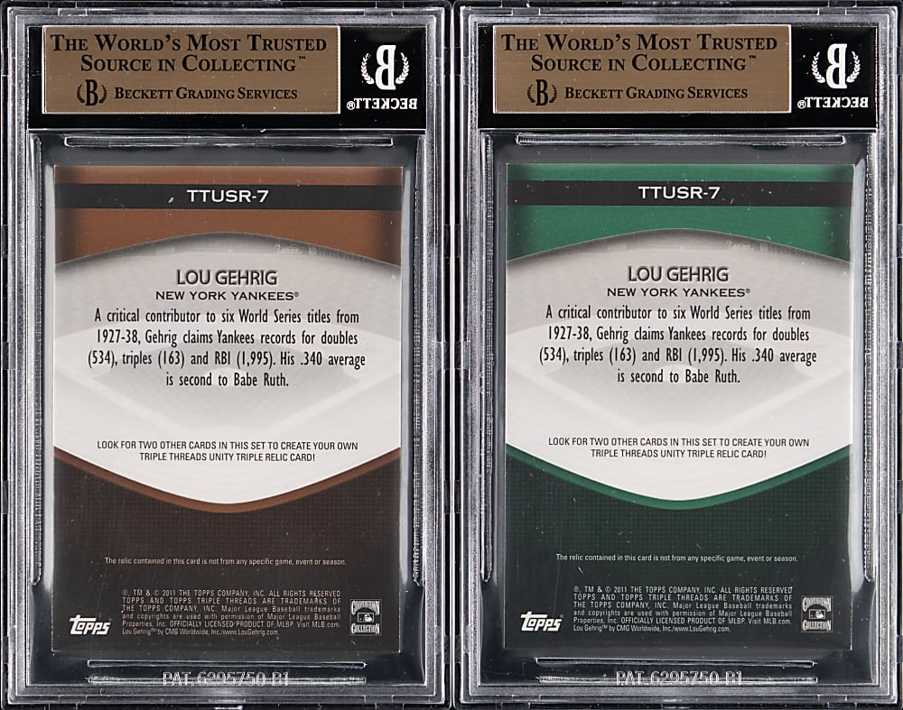 2011 Topps Triple Threads Unity Relics Lou Gehrig BGS GEM MINT 9.5 Graded Pair with Sepia #/27 & Emerald #/18