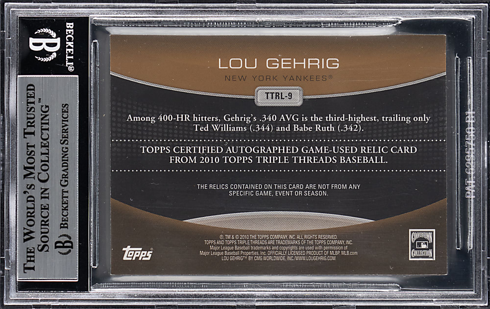 2010 Topps Triple Threads Legends Relics Sepia Lou Gehrig #21/27 BGS MINT 9