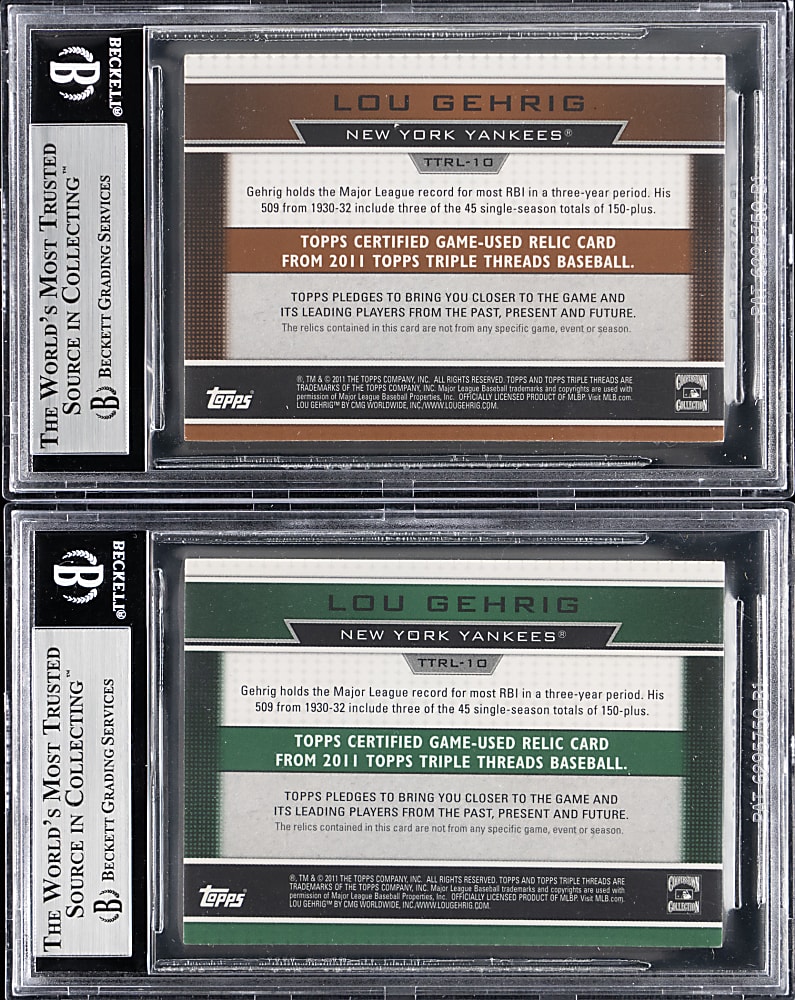2011 Topps Triple Threads Legends #10 Relics Lou Gehrig "Biscuit Pants" BGS MINT 9 Graded Pair with Sepia #/27 & Emerald #/18