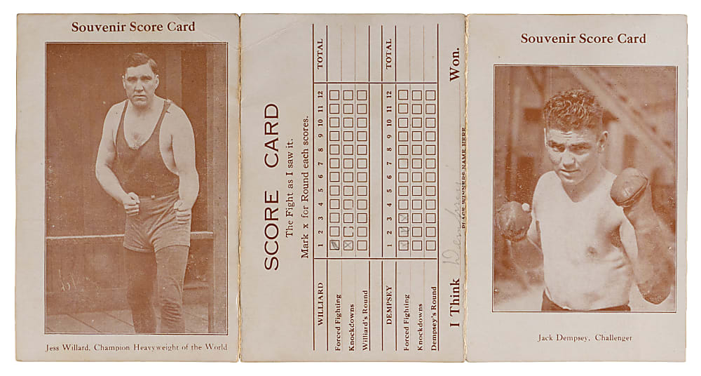 1919 Jess Willard Versus Jack Dempsey World's Heavyweight Championship Fight On-Site Pictorial Souvenir Scorecard/Postcard
