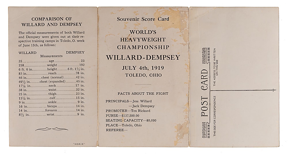 1919 Jess Willard Versus Jack Dempsey World's Heavyweight Championship Fight On-Site Pictorial Souvenir Scorecard/Postcard