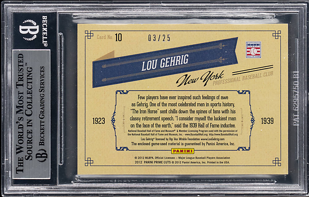 2012 Playoff Prime Cuts Timeline Material #10 Lou Gehrig Quad Relic #/25 BGS MINT 9