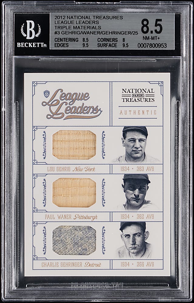 2012 National Treasures League Leaders Triple Materials #3 with Lou Gehrig, Charlie Gehringer & Paul Waner #/25 BGS NM-MT+ 8.5