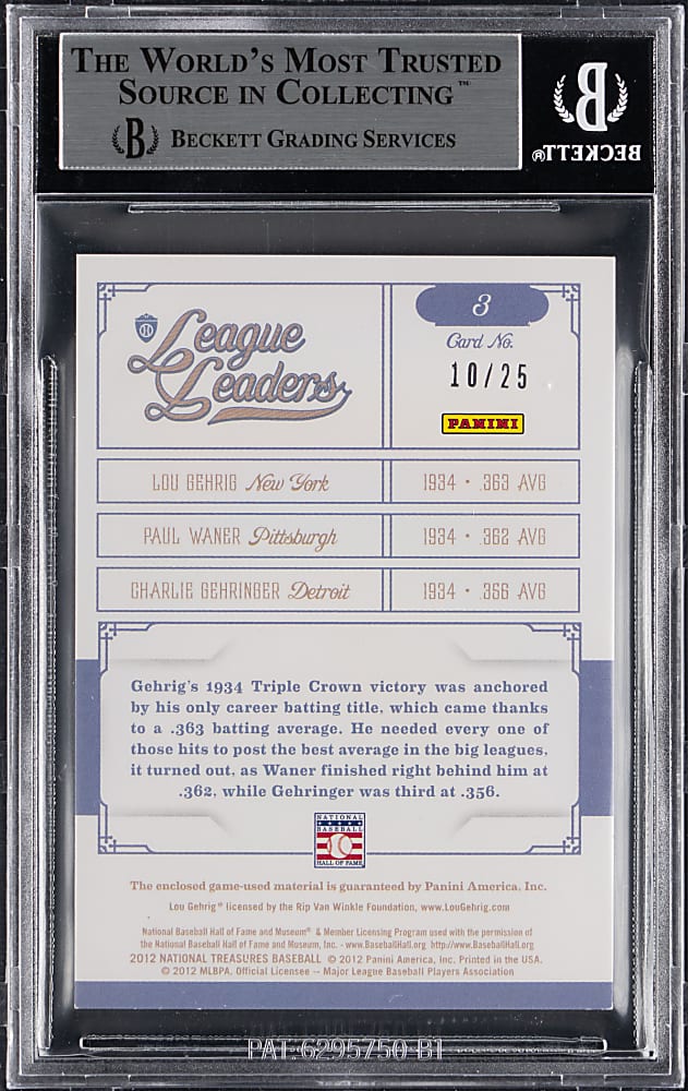 2012 National Treasures League Leaders Triple Materials #3 with Lou Gehrig, Charlie Gehringer & Paul Waner #/25 BGS NM-MT+ 8.5