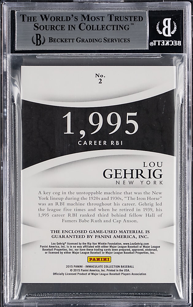 2015 Immaculate Collection Accolades Materials Blue #2 Lou Gehrig #4/10 (Matches Jersey Number) BGS MINT 9