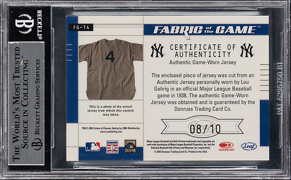 2003 Leaf Certified Materials #14 Fabric of the Game Lou Gehrig Game-Used Jersey #/10 BGS MINT 9