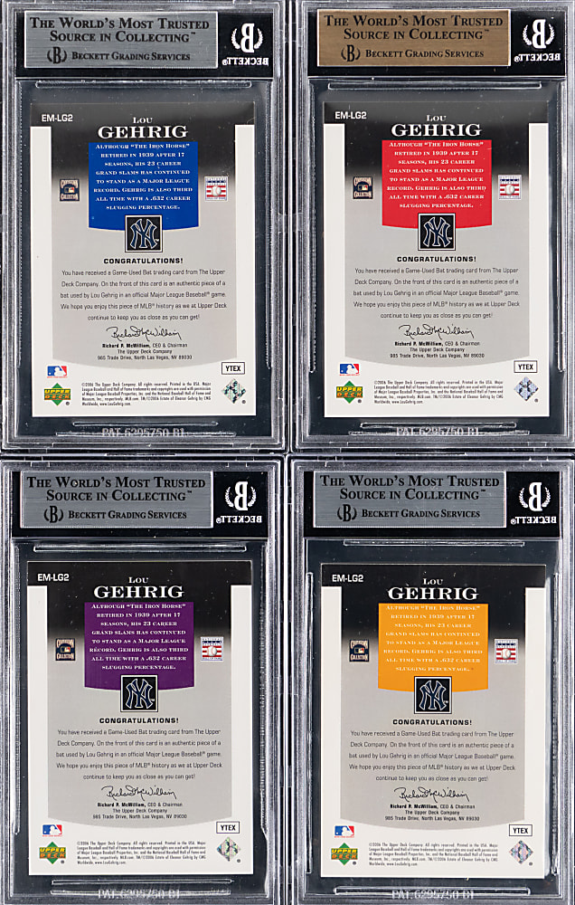 2006 Upper Deck Epic Materials Lou Gehrig Game-Used Bat BGS Graded Quartet with Blue, Dark Purple Orange & Red - Each #/15 or Lesser