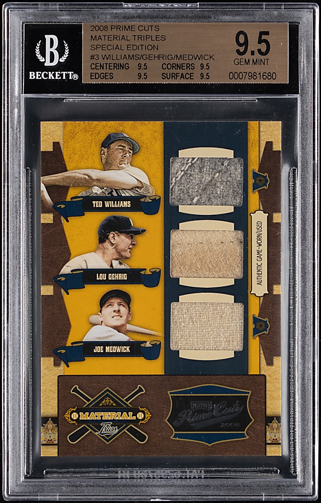 2008 Playoff Prime Cuts Material Triples #3 Ted Williams, Lou Gehrig & Joe Medwick Game-Used Relic #1/1 BGS GEM MINT 9.5