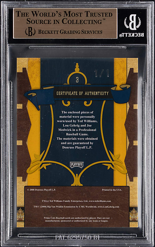 2008 Playoff Prime Cuts Material Triples #3 Ted Williams, Lou Gehrig & Joe Medwick Game-Used Relic #1/1 BGS GEM MINT 9.5