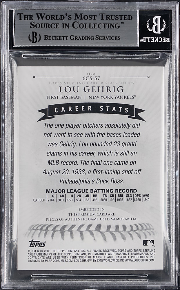 2008 Topps Sterling Career Stats Relics Six Lou Gehrig #6/10 BGS NM-MT+ 8.5