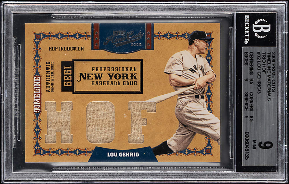 2008 Playoff Prime Cuts Timeline Materials Trio Hall of Fame #32 Lou Gehrig #1/3 with Pinstripe BGS MINT 9