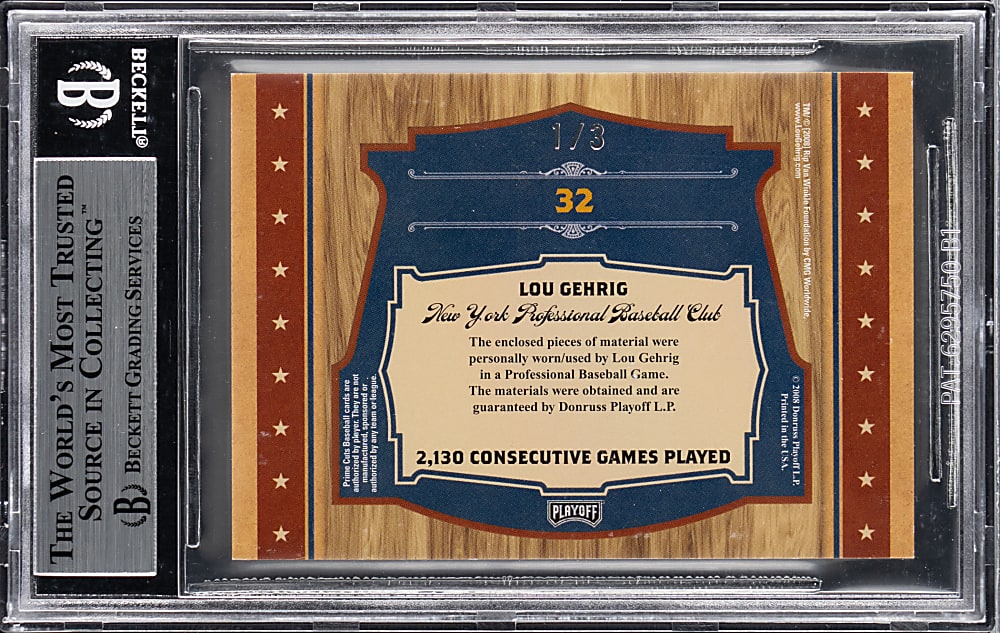 2008 Playoff Prime Cuts Timeline Materials Trio Hall of Fame #32 Lou Gehrig #1/3 with Pinstripe BGS MINT 9