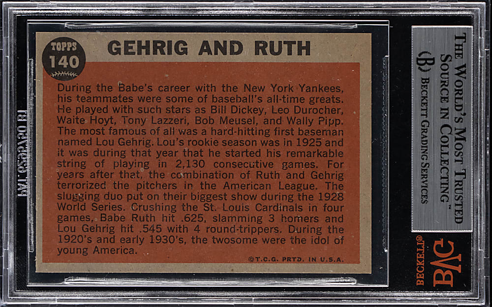 1962 Topps #140 Lou Gehrig & Babe Ruth Green Tint Variation BVG MINT 9