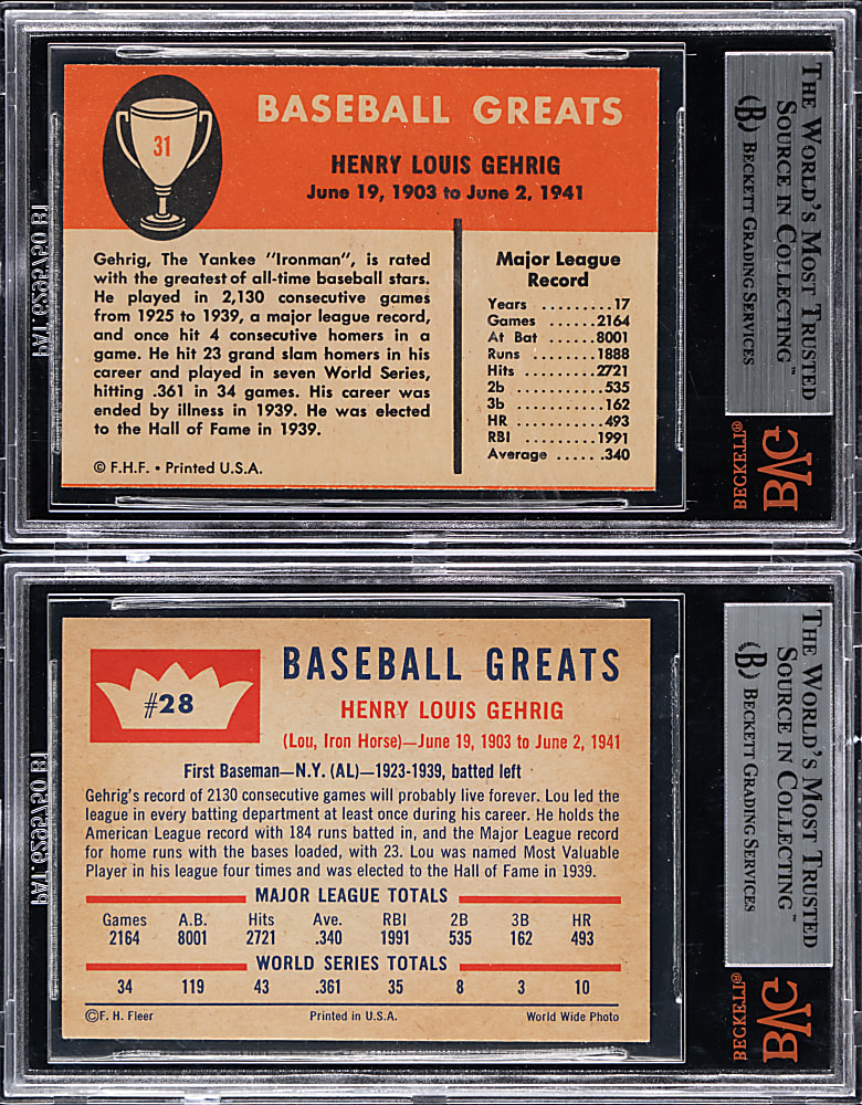 1960 & 1961 Fleer Baseball Greats Lou Gehrig BVG NM-MT+ 8.5 Graded Pair